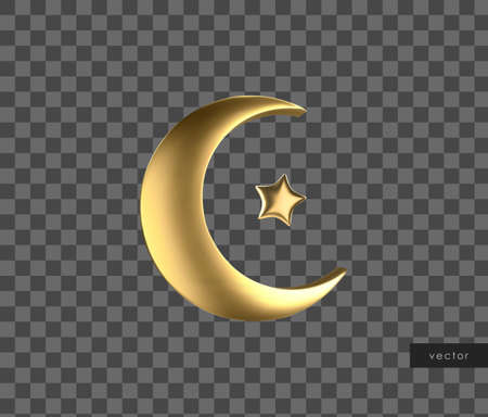 Ramadan golden symbol. Realistic 3d gold crescent and star. Vector.のイラスト素材
