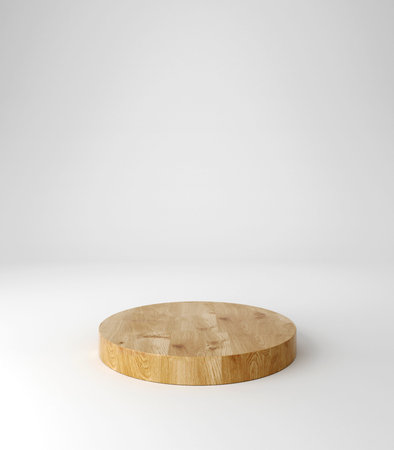 Wooden pedestal podium, round shape, product stand, 3d rendering.の写真素材