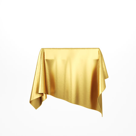 Golden silky cloth pedestal podium. Gold cloth. 3d rendering.の写真素材