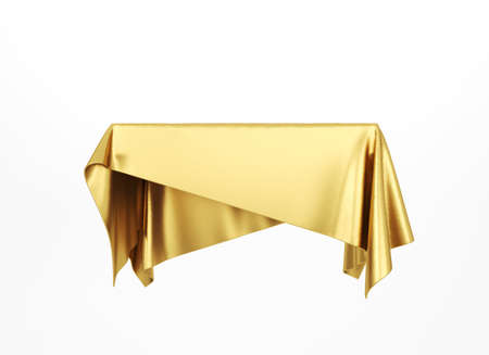 Golden silky cloth pedestal podium. Gold cloth. 3d rendering.の写真素材