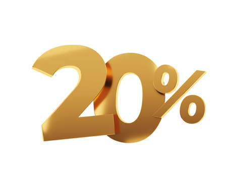 Golden twenty percent on white background. 3d render illustration.の写真素材