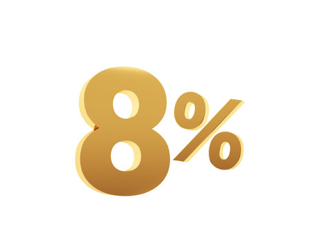 Golden eight percent on white background. 3d render illustration.