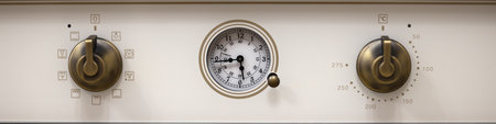 4x1 banner for social networks and websites. Gas or electric cooker panel with switches and clockの写真素材