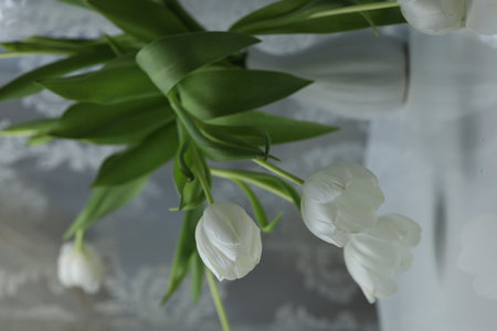 white tulips in a bouquet on a white tableの写真素材