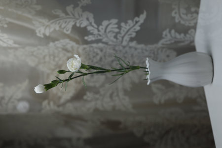 Two small roses in a vase on the tableの写真素材