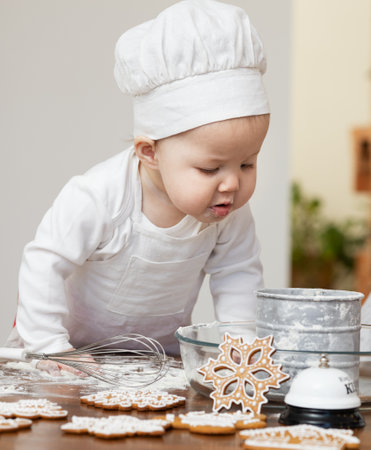 An Asian baby in a chef's cap and apron, smeared in flour, prepares Christmas ginger cookiesの写真素材