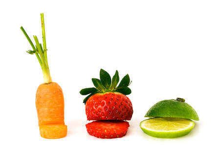 Strawberry, lime and carrot - isolated on white backgroundの写真素材