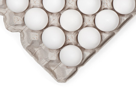 Fresh white eggs in a container, isolated on  white background, top view.