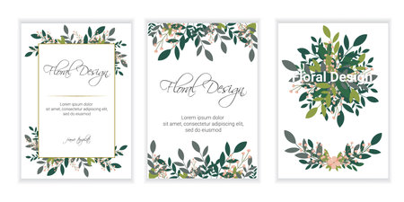 Wedding Invitation, floral invite card Design: Peach lavender pink garden Rose, succulent, wax, eucalyptus, green palm leaves, forest fern greenery geometric golden frame print. Vector cute copy spaceのイラスト素材