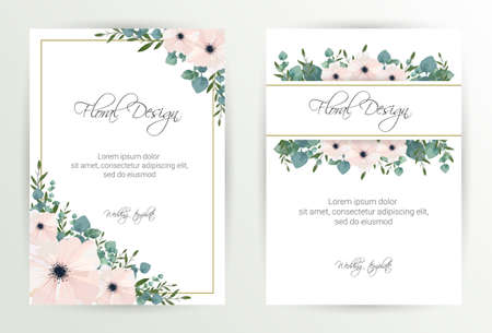 Banner on flower background. Wedding Invitation, modern card Design. Save the Date Card Templates Set with Greenery, Decorative Floral and Herbs Element. Vintage Botanical.のイラスト素材