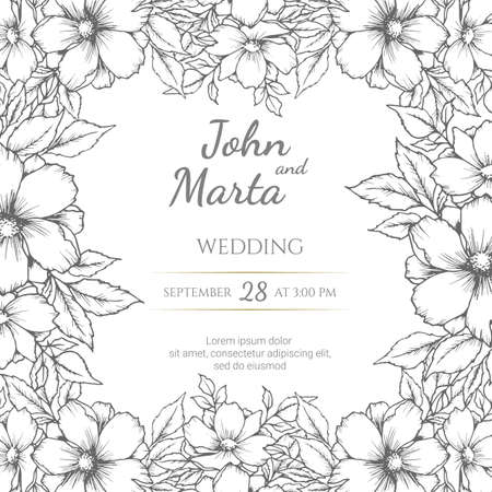 wedding invitation with summer flowers. Black and white vector illustration.のイラスト素材