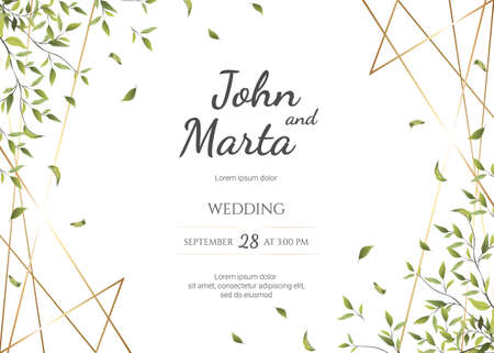 Wedding Invitation modern card Design: green tropical leaf greenery eucalyptus branches decorative wreath & frame.のイラスト素材