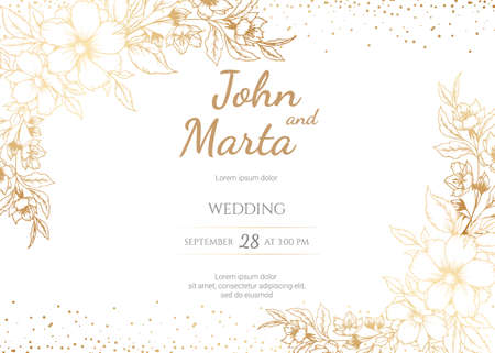 Wedding Invitation with Gold Flowers and gold geometric line design.のイラスト素材