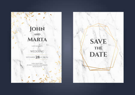 Luxury Marble Wedding invitation cards with rose gold geometric polygonal lines vector design template.のイラスト素材