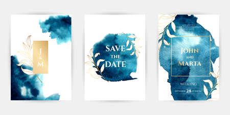 wedding invitation templates. Cover design with gold leaves ornaments. set with hand drawn watercolor background. Vector eps10.のイラスト素材