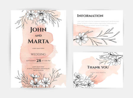 wedding invitation templates. Cover design with gold leaves ornaments. set with hand drawn watercolor background. Vector eps10.のイラスト素材
