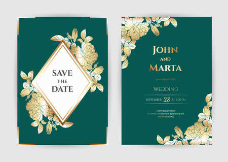 Wedding Invitation with Gold Flowers. background with geometric golden frame. Cover design with an ornament of golden leaves.のイラスト素材