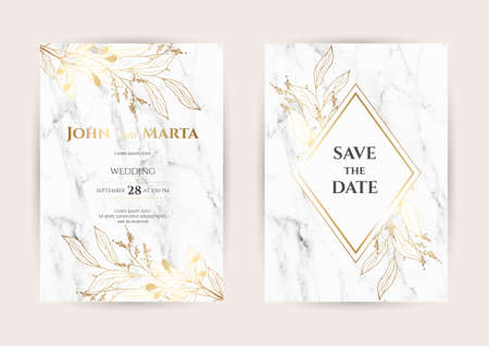 Luxury Marble Wedding invitation cards with gold geometric polygonal lines vector design template. Trendy templates for banner, flyer, poster, greetingのイラスト素材