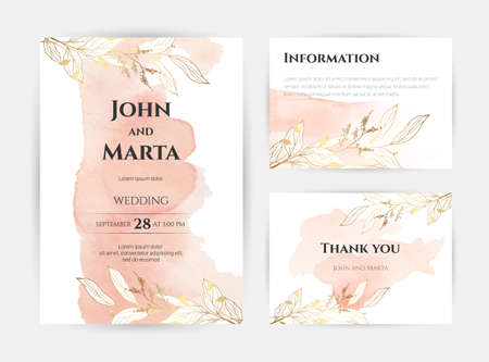 wedding invitation templates. Cover design with gold ornaments. set with hand drawn watercolor background. Trendy templates for banner, flyer, poster, greetingのイラスト素材