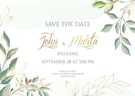 Watercolor wedding set. Set of card with leaves and golden geometric frame. Design with forest green leaves, eucalyptus, fern. Floral Trendy templates for banner, flyer, poster, greeting.のイラスト素材