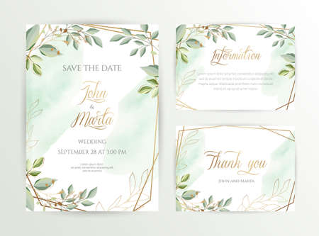 Watercolor wedding set. Set of card with leaves and golden geometric frame. Design with forest green leaves, eucalyptus, fern. Floral Trendy templates for banner, flyer, poster, greeting.のイラスト素材