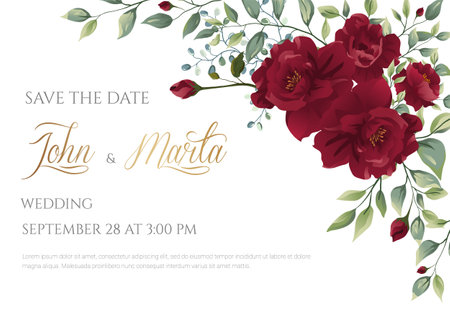 Wedding invitation card with red flowers rose, eucalyptus leaves. Floral Trendy templates for banner, flyer, poster, greeting. Vector illustration.のイラスト素材
