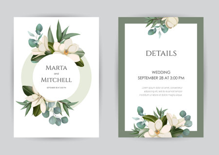 Wedding invitation set of card with leaves. Design with forest green leaves, magnolia, eucalyptus, fern & golden geometric frame. Floral Trendy templates for banner, flyer, poster, greeting.のイラスト素材
