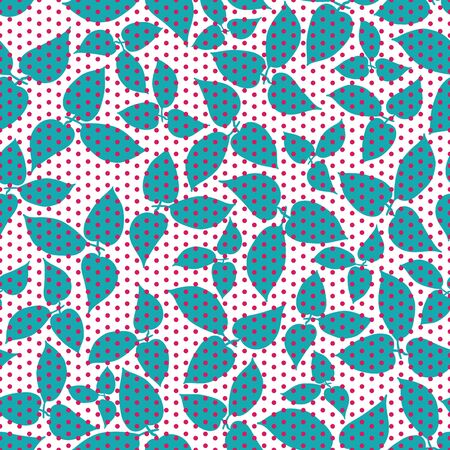 teal leaf allover red dot textured white background designのイラスト素材