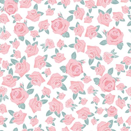 pink rose morden flower leaf allover white background designのイラスト素材