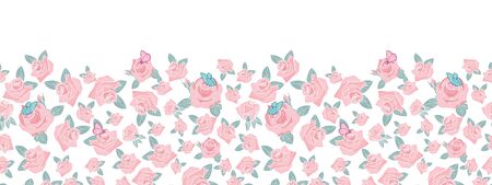 pink rose morden flower leaf butterfly vertical border white background designのイラスト素材