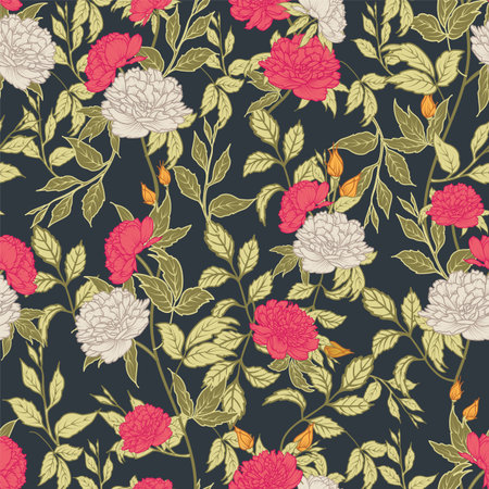 red peony flower leaf stem dark grey background designのイラスト素材