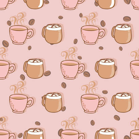 hand drawn cute different types of coffee with coffee bean pink background vector seamless pattern designのイラスト素材