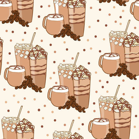 hand drawn cute different types of coffee vector seamless pattern designのイラスト素材