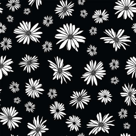 Abstract flowers hand drawn white chamomile blossom sketch drawing seamless pattern on black background designのイラスト素材