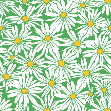 Abstract flowers hand drawn chamomile blossom sketch drawing seamless pattern on green background designのイラスト素材