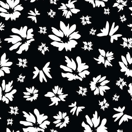 Seamless pattern with vintage hand drawn white wildflowers on black background designのイラスト素材