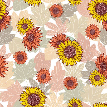 Seamless pattern with fall leaf, abstract leaf texture with sunflowers designのイラスト素材