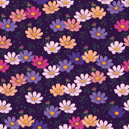 Floral seamless pattern with cosmos flower. ditsy pinkish flowers on purple background design.のイラスト素材