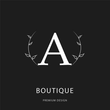 Elegant Simple monogram, letter A. Creative logo. Line art design. Branch with leaves. Minimalist Emblem. Drawn Template for Book Design, Restaurant, Wedding, Boutique, Invitation. Vector illustrationのイラスト素材
