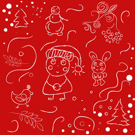 Cute kawaii little girl, birdie, bunny. Hand sketched winter doodles made on red background. Hand-drawn set of elements for designのイラスト素材