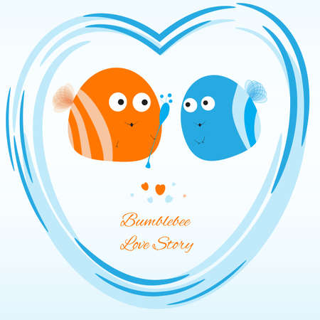 Cute kawaii bees love story vector card.のイラスト素材
