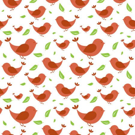 Seamless pattern with green leaves and birds on a light backgroundのイラスト素材