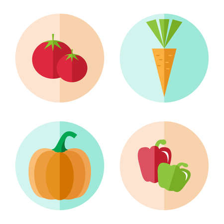 Vegetables icon in flat style. Vegetables vector isolated on white background. Pumpkin, bell pepper, tomato, carrot icon.のイラスト素材