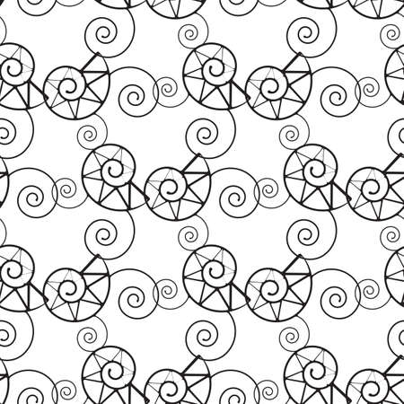 Vector black and white snails shells seamless pattern. Thin line style backgroundのイラスト素材