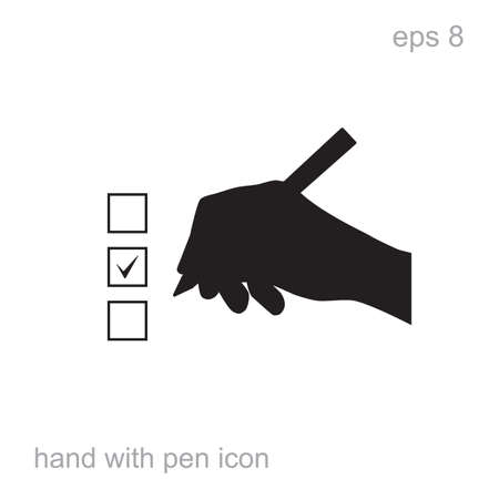 Hand fills the test with pen vector illustration isolated.  Simple hand and ball pen black iconのイラスト素材