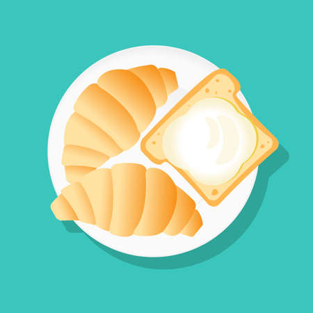 Croissants and bread and butter on a white plate. Flat style icon/のイラスト素材