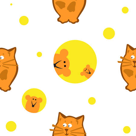Bright colored seamless pattern with cat. Vector background for children's clothing, fabrics, packaging, Internetのイラスト素材