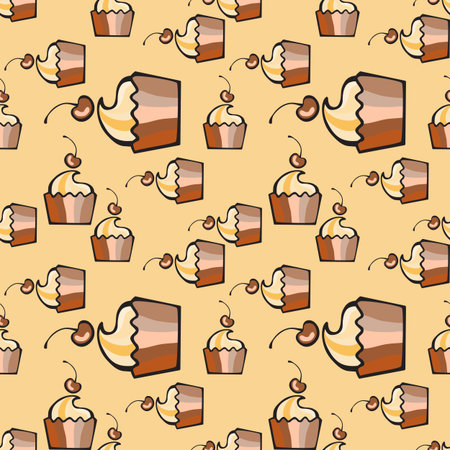 Seamless pattern with hand drawn cupcake, pastry, dessert and cherry. Vector background with coffee...