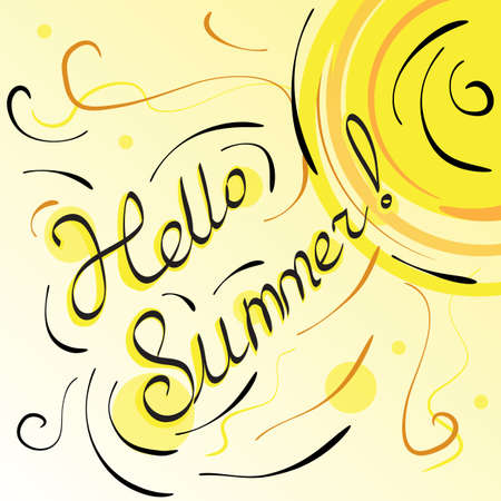 Sun vector illustration isolated. Hello Summer lettering against the background of the solar disk with rays. Symbol of heat, summer, vacation, holiday, relaxation, tan. Imitation of watercolorのイラスト素材