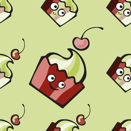 Green pistachio ice cream, cake or frozen yogurt seamless background. Hand-drawn pattern for print, menu, package design, wrapping, textile, web, cafe, restaurant, pastry shopのイラスト素材